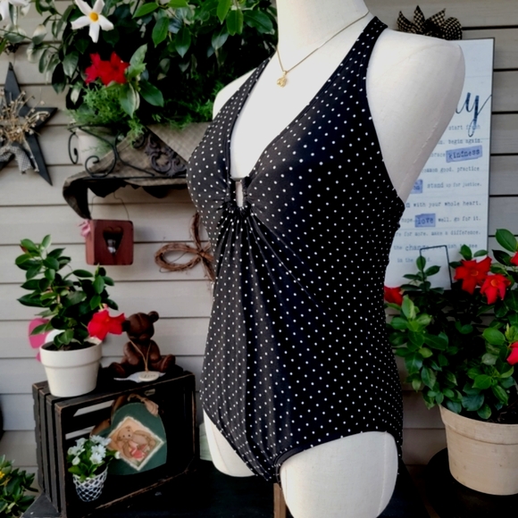 SPEEDO ♡ Sweet 1pc Black 'n White Polka Dot Low V Padded Bralette Swimsuit 10 - Picture 8 of 16